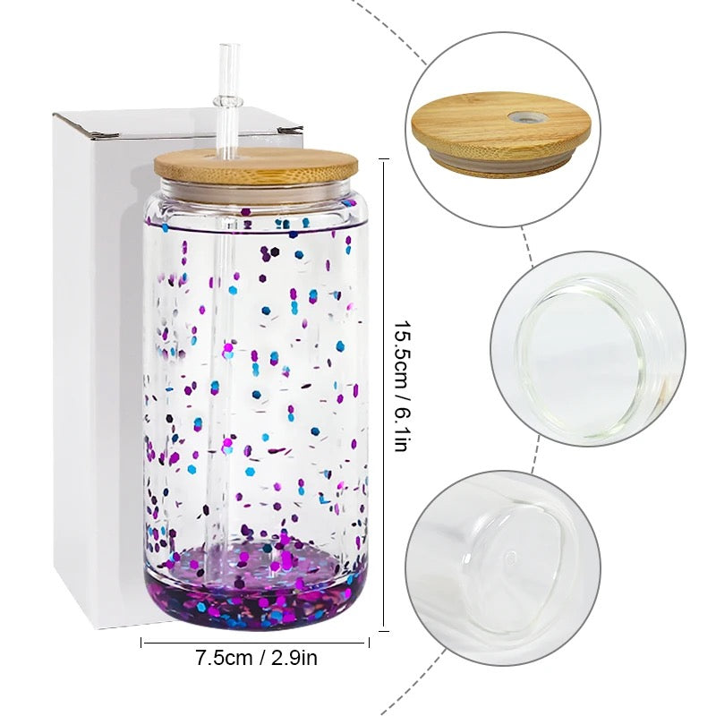 16 Oz Double Wall Pre-drilled Sublimation Glass Can Tumbler with Bamboo Lid and Straw