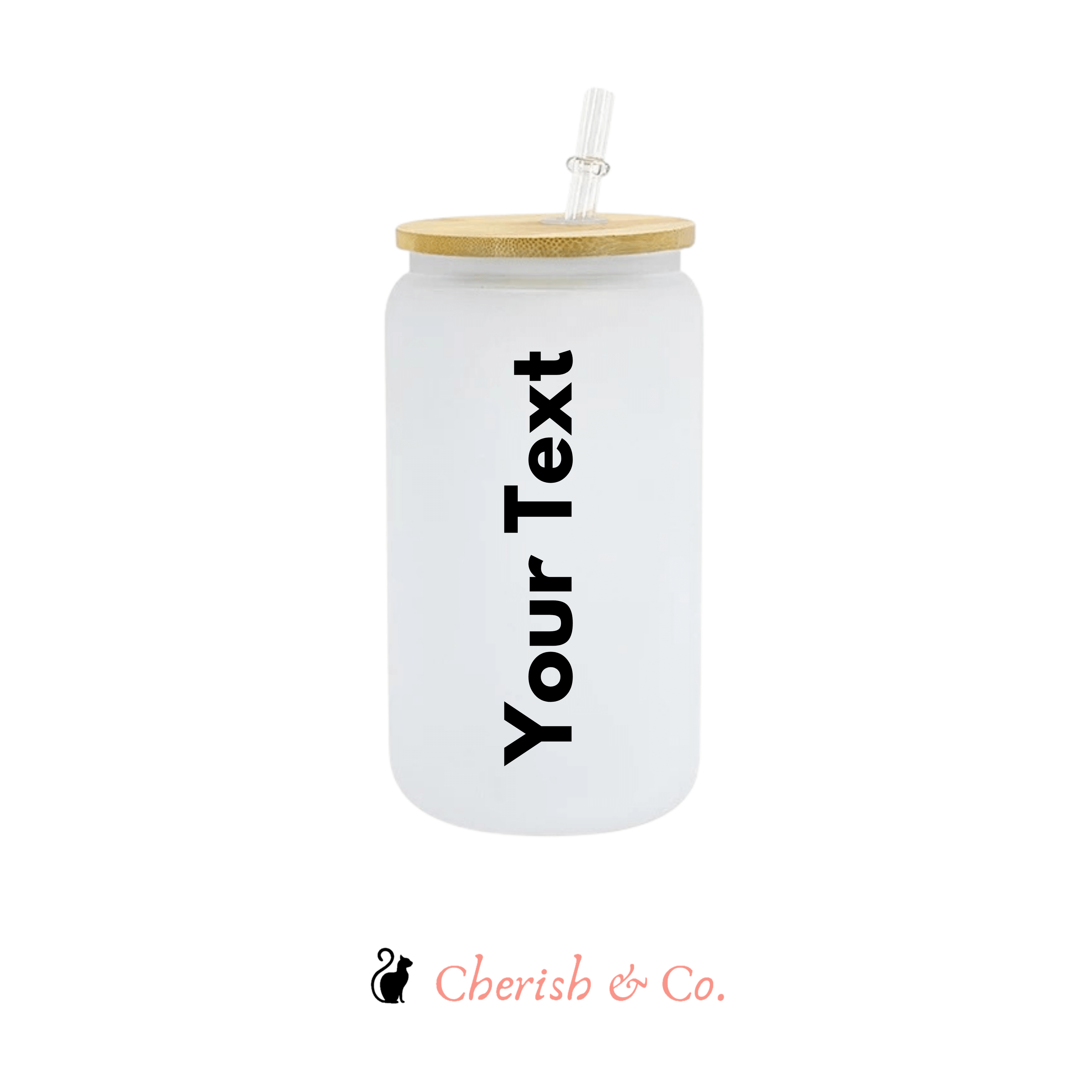 White tumbler with wooden lid and straw, customizable text, brand 'Cherish & Co.' visible