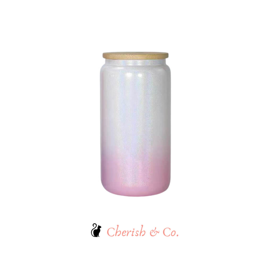 16 Oz Shimmer Holographic Sublimation Glass Can Tumbler with Bamboo Lid and Straw