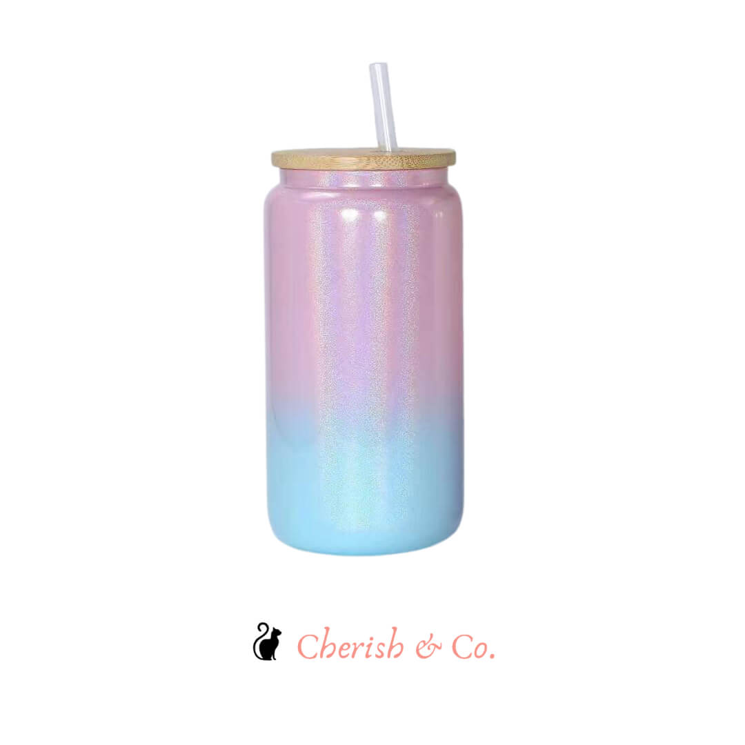 16 Oz Shimmer Holographic Sublimation Glass Can Tumbler with Bamboo Lid and Straw