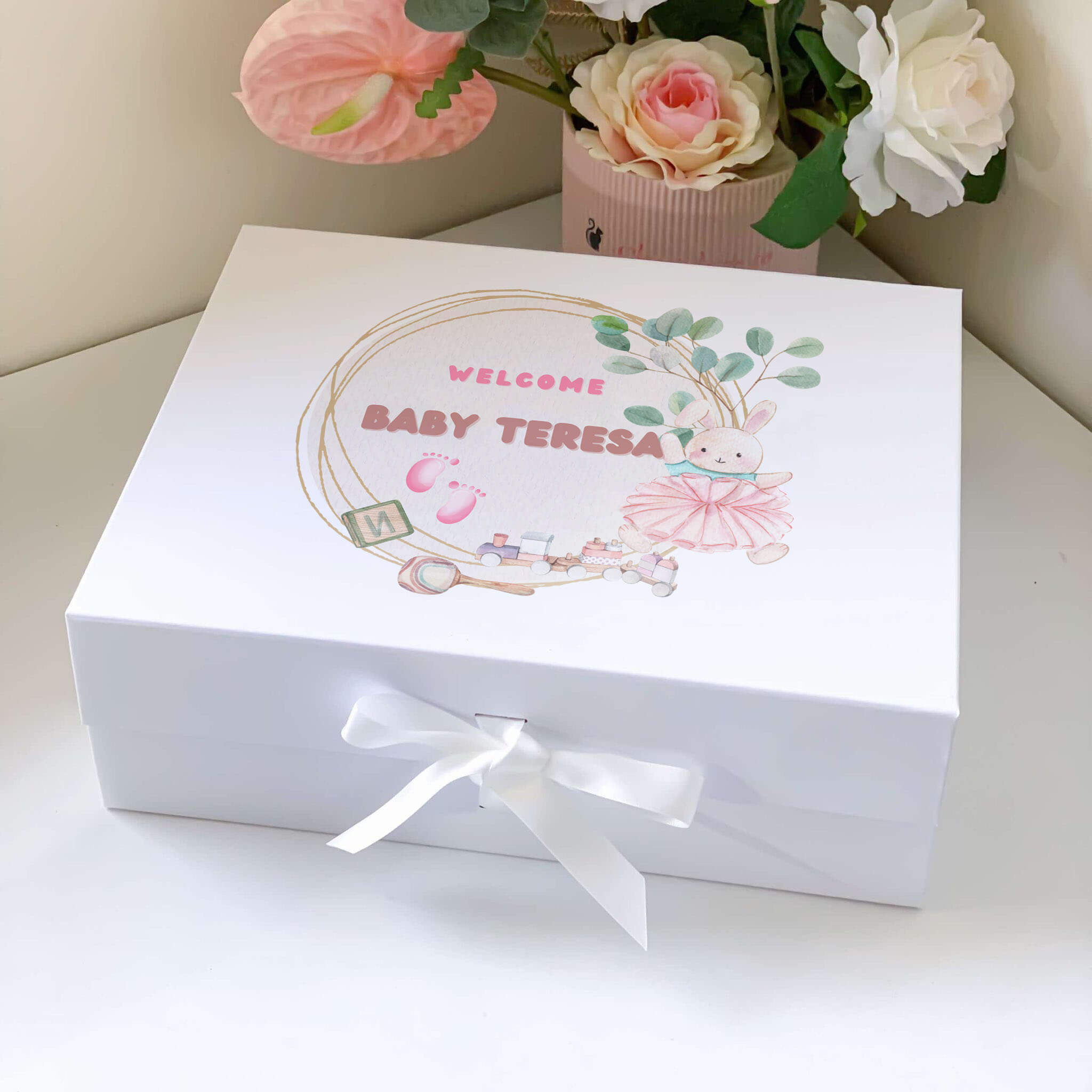 Welcome Baby Girl Pink Bunny Magnetic Closure Gift Box