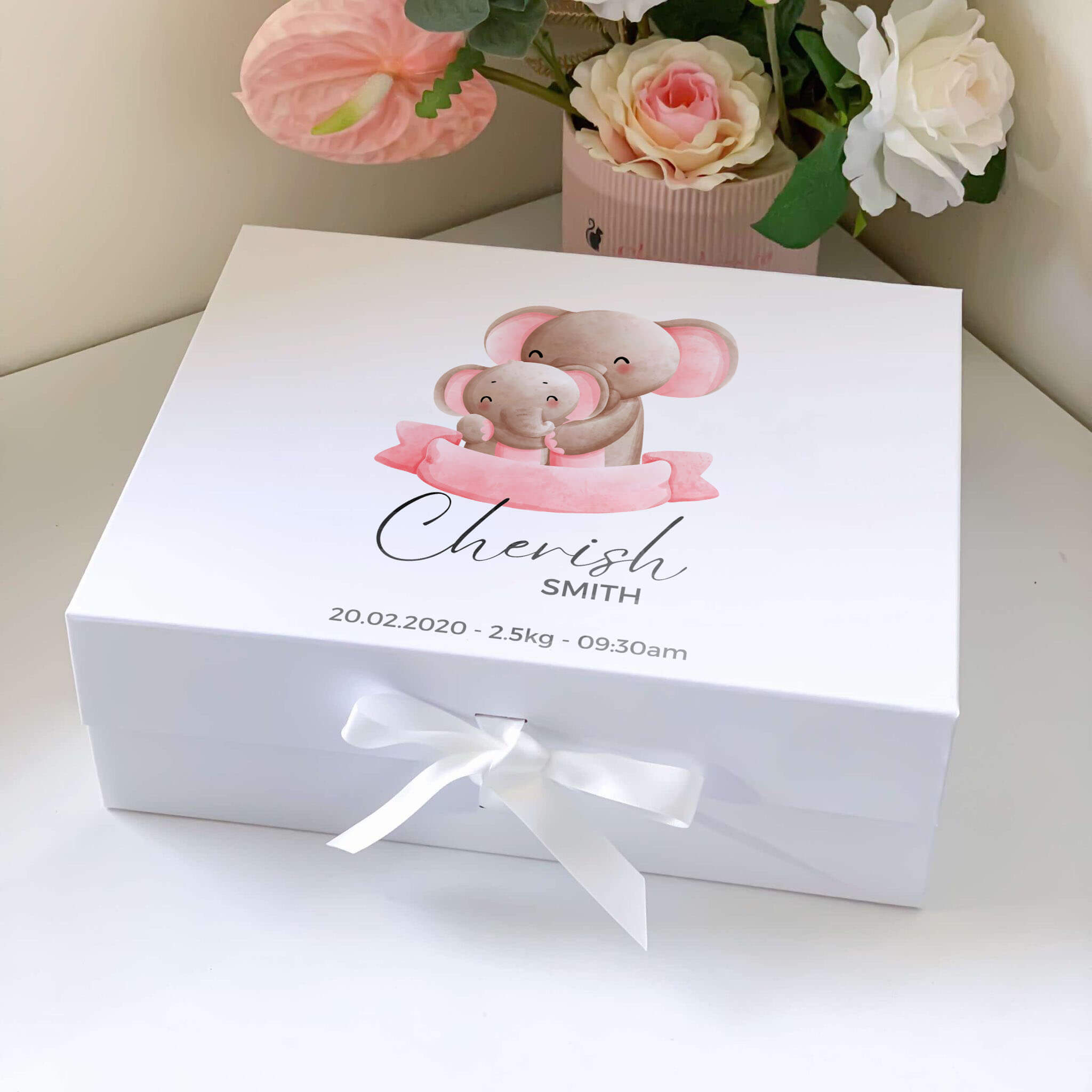 Pink Elephant Baby Girl Birth Details Keepsake Magnetic Closure Gift Box