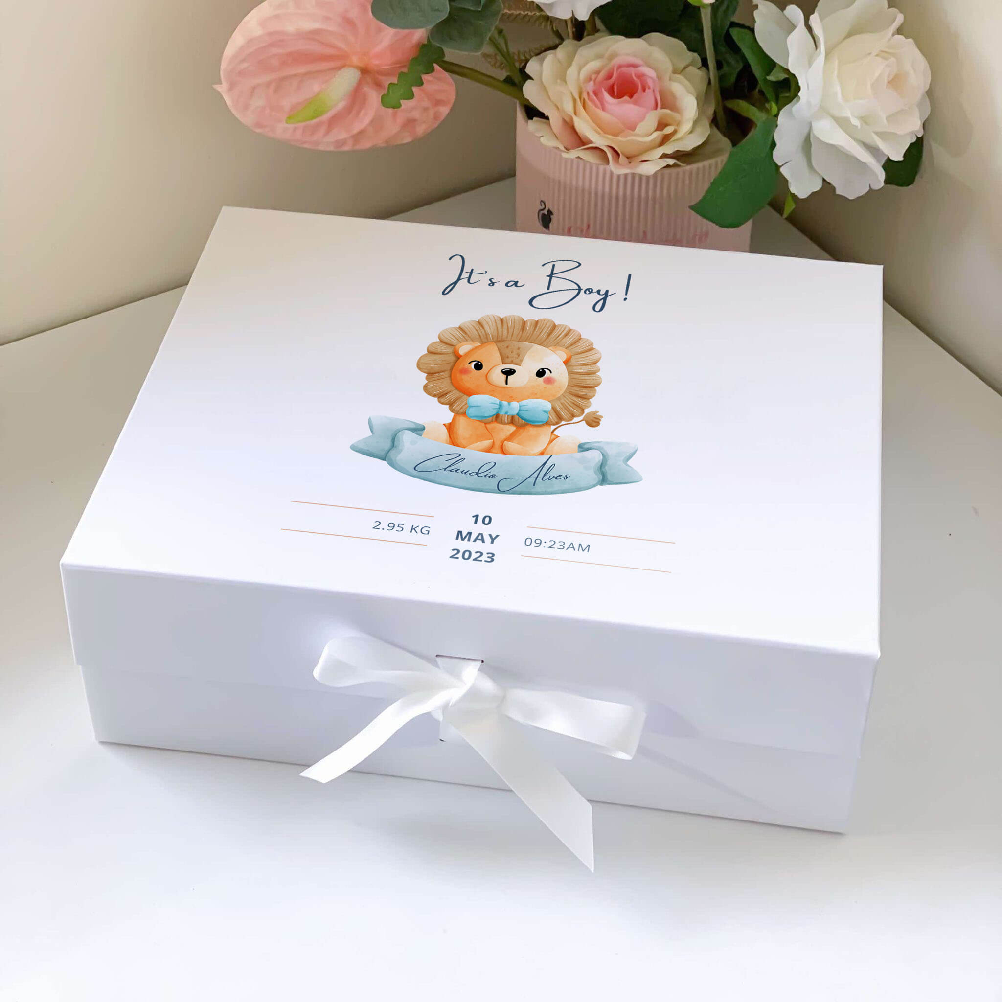 Cute Lion Baby Boy Birth Details Keepsake Magnetic Closure Gift Box