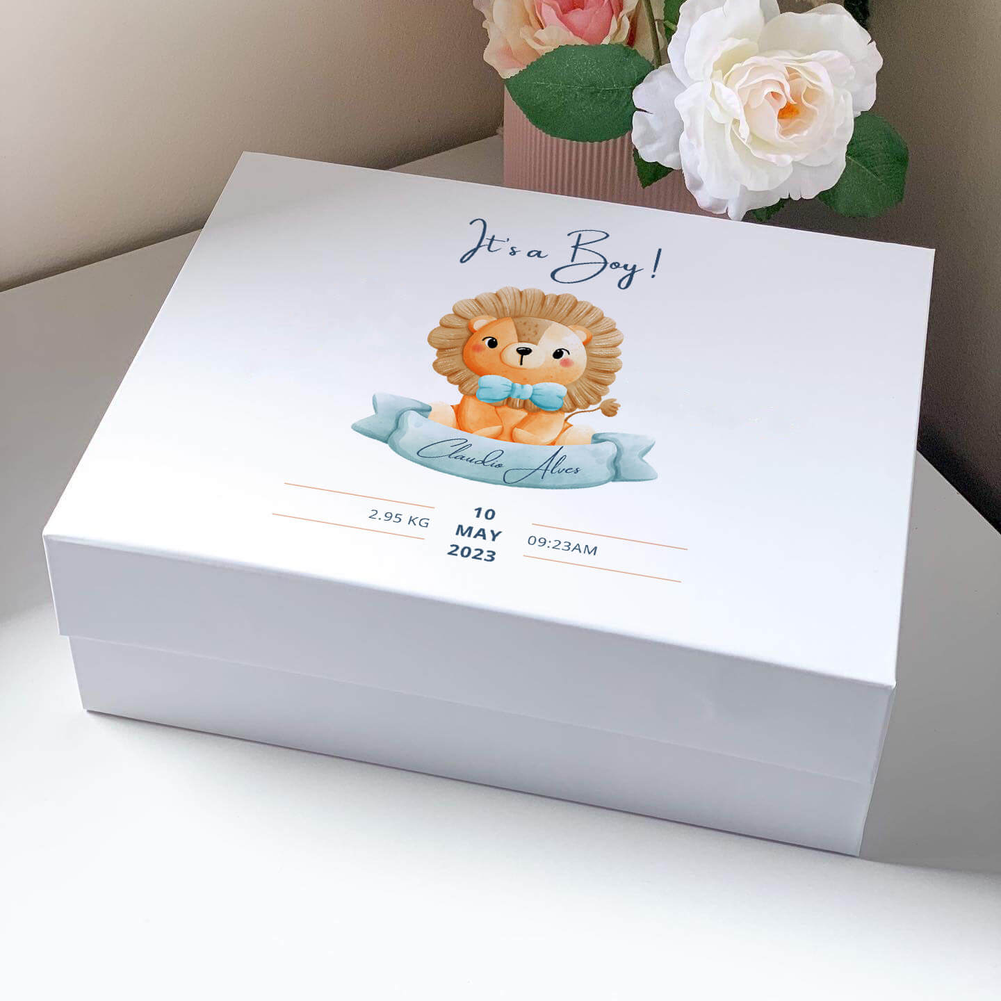 Cute Lion Baby Boy Birth Details Keepsake Magnetic Closure Gift Box