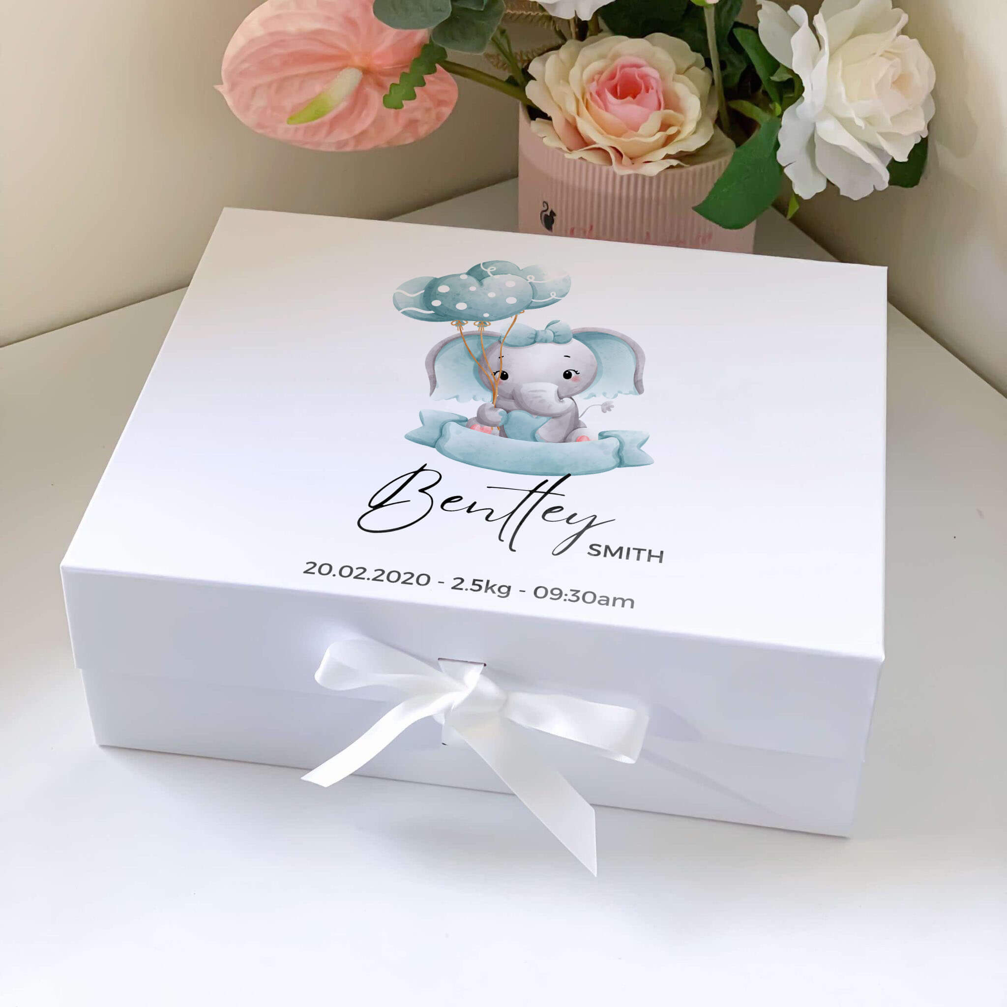 Blue Elephant Baby Birth Details Keepsake Magnetic Closure Gift Box