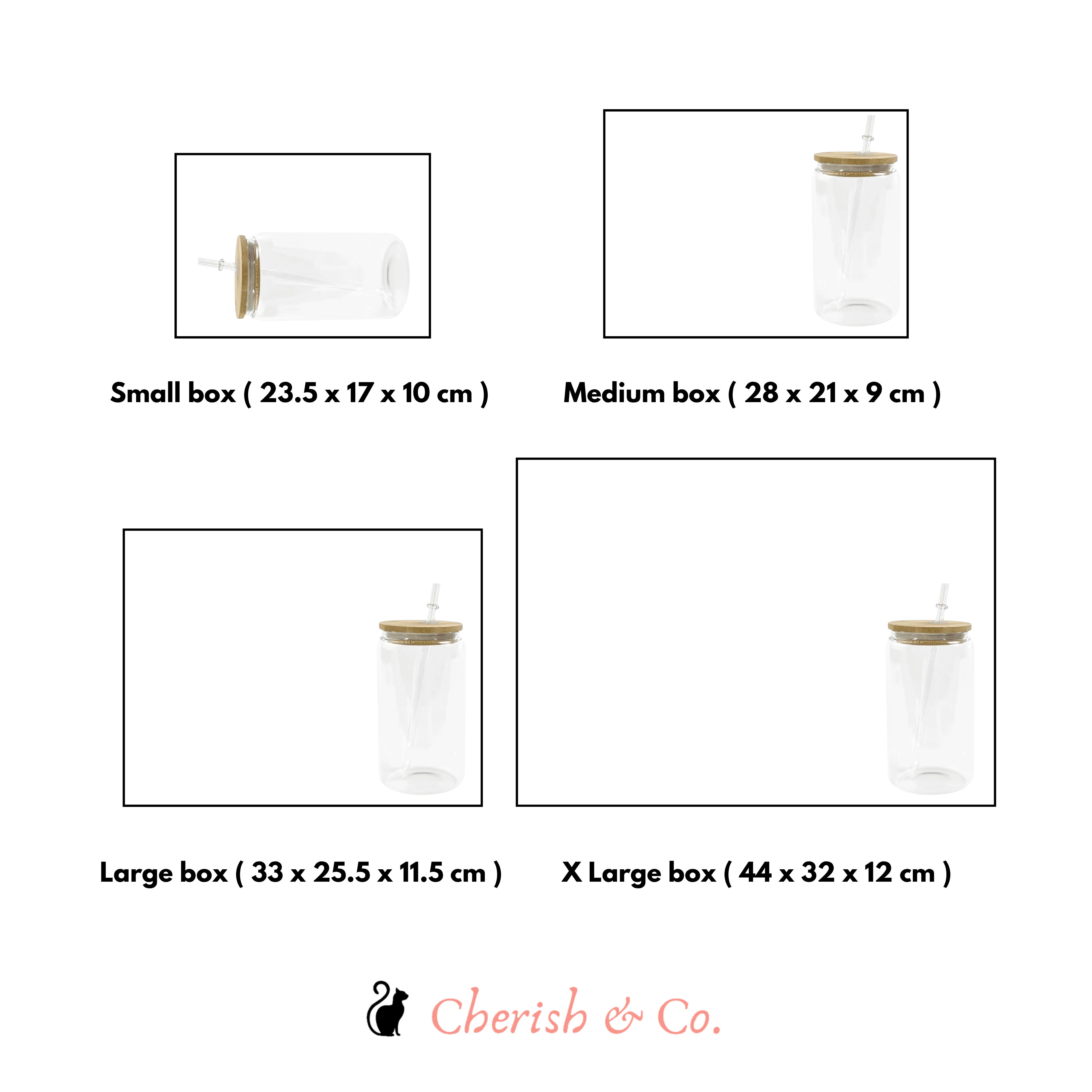 Comparison chart of different box sizes with dimensions and 'Cherish & Co.' branding.