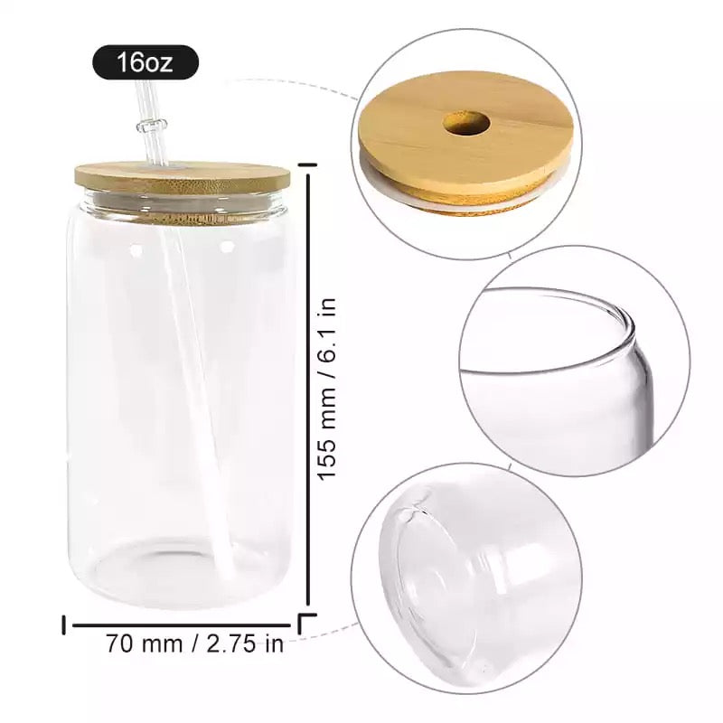 16 Oz Sublimation Glass Can Tumbler with Bamboo Lid and Straw