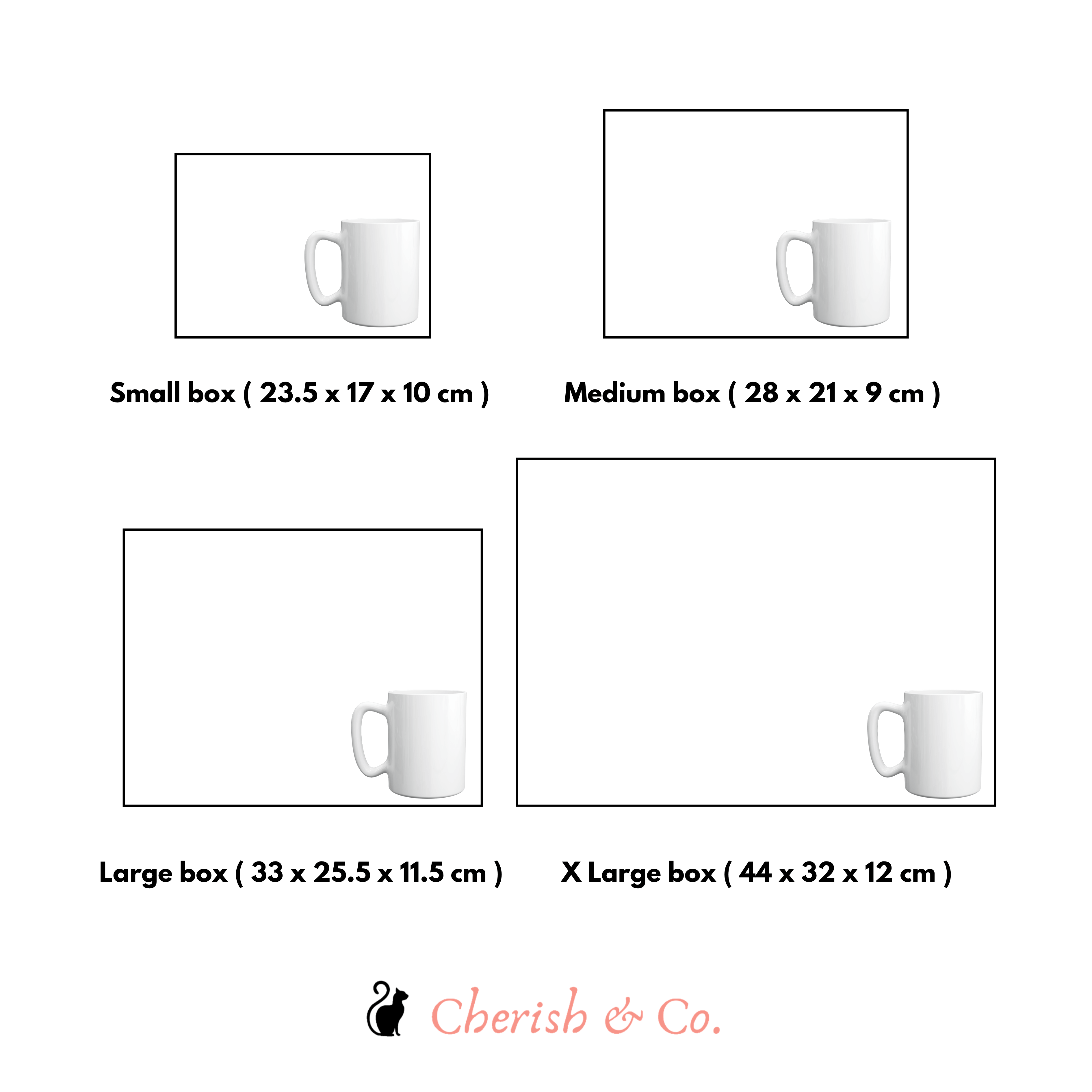 Comparison of different box sizes with a white mug on a white background, featuring the 'Cherish & Co.' brand.